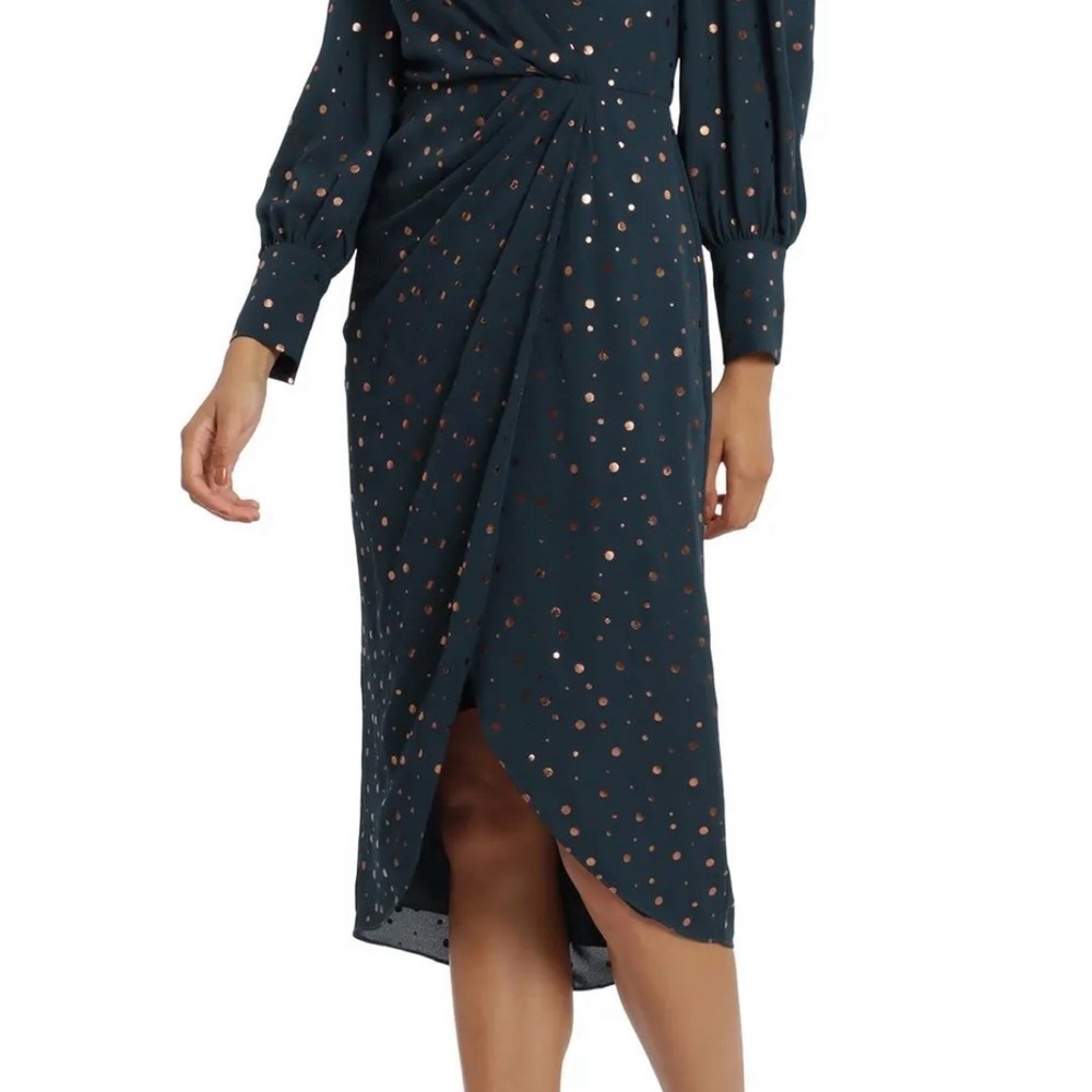 Dark Teal Long Sleeve Midi Dress with Metallic Dot Accent